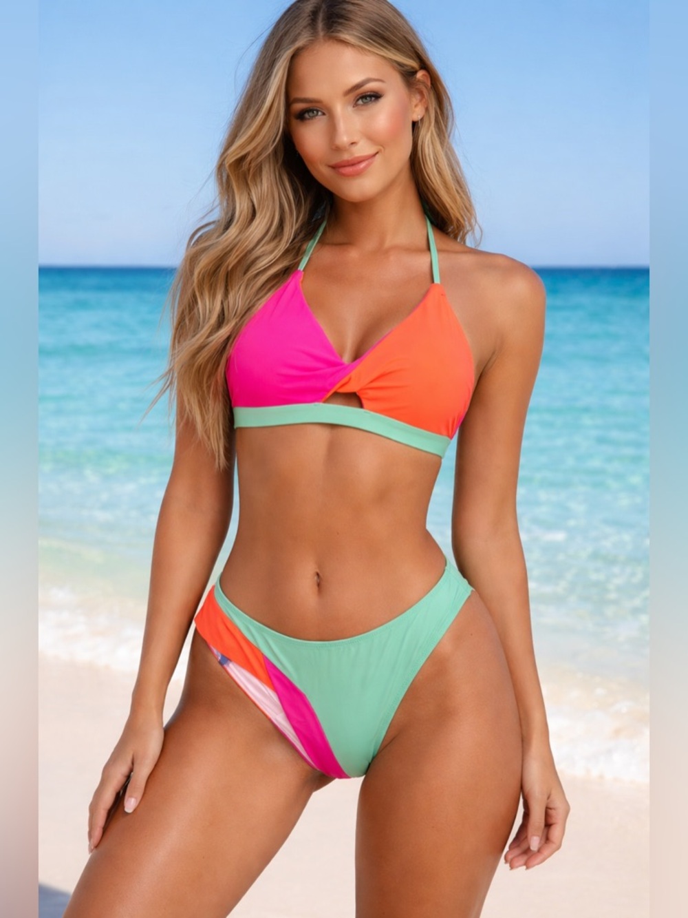 Popvil Neon Colorblock Bikini Set Small Pink Orange Green Lace-Up NWT Women’s M